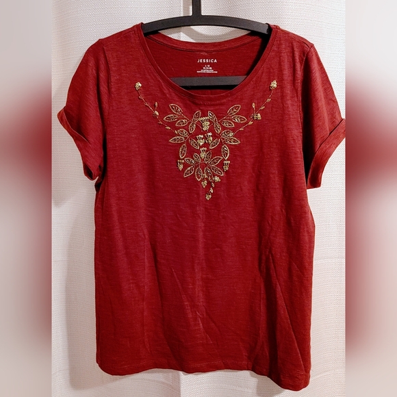 Jessica Tops - (4/$20) Jessica Burgundy Embroidered Women's Short Sleeve Top, Size Large